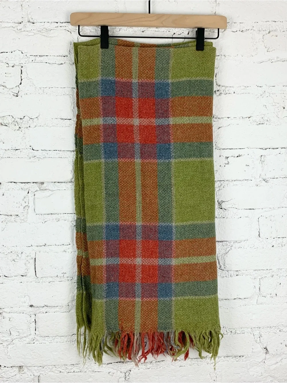 Green Plaid Tartan Woven Wool Mohair Tassel Throw Blanket Vintage